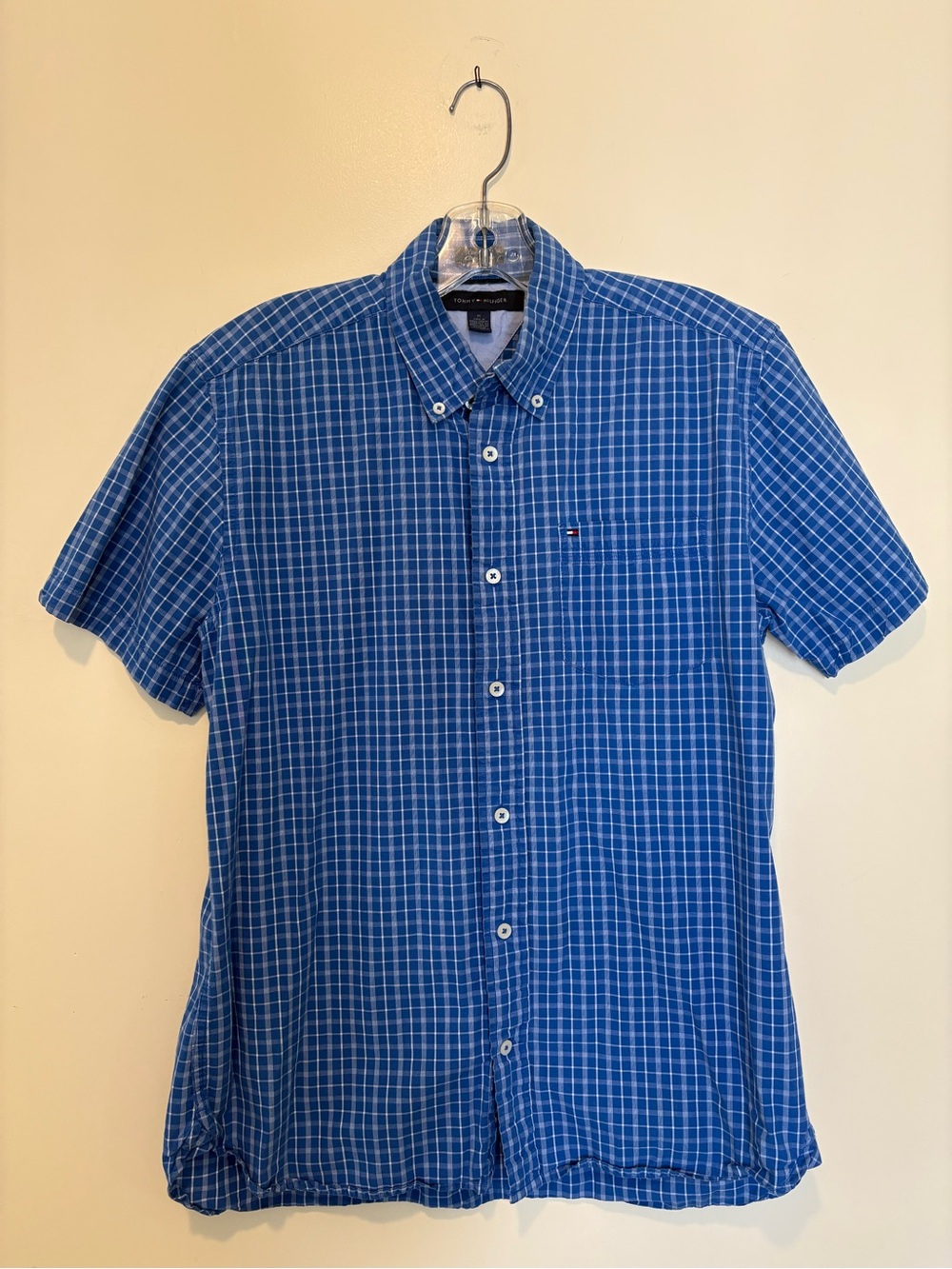 Tommy Hilfiger Blue Windowpane Short-Sleeve Button-Down Shirt Size M